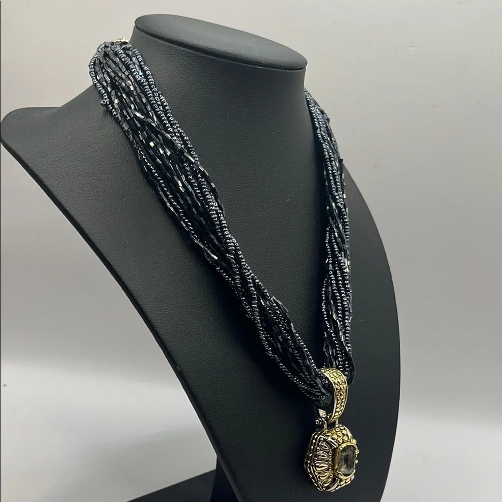 Elegant Black Beaded Necklace with Gold and Silver tone Pendant with Quartz